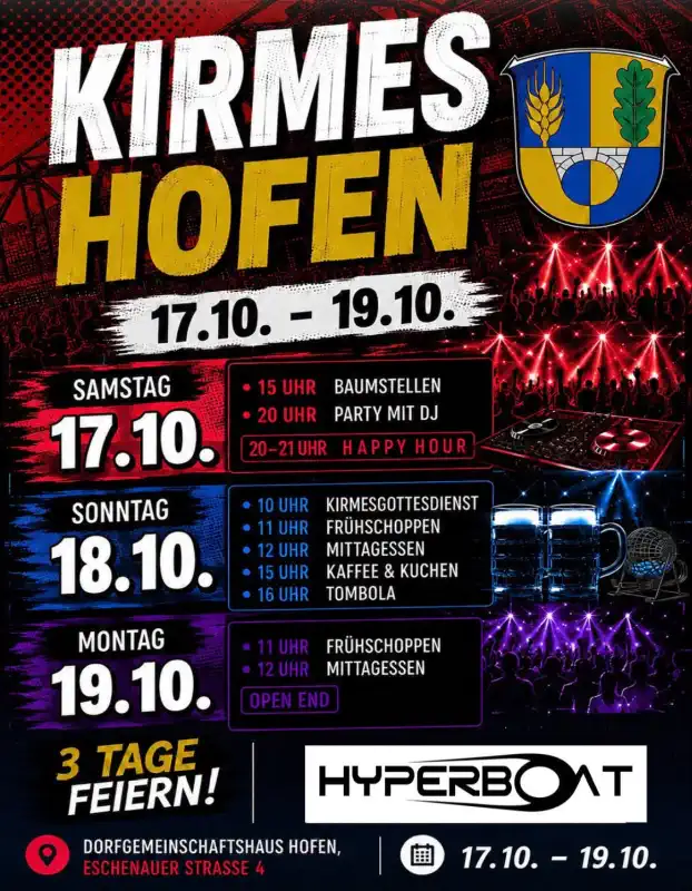 Die Kirmes in Hofen (Stadt Runkel) wird vom 17. bis 19. Oktober 2026 im Dorfgemeinschaftshaus Hofen in der Eschenauer Straße 4 gefeiert.
