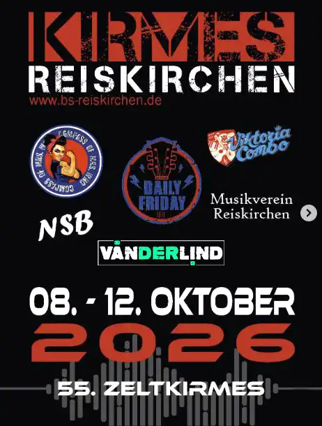 Die 55. Zeltkirmes in Hüttenberg‑Reiskirchen findet vom 8. bis 12. Oktober 2026 statt und verwandelt den Ort fünf Tage lang in eine große Festmeile voller Musik, Tradition und Kirmesstimmung.