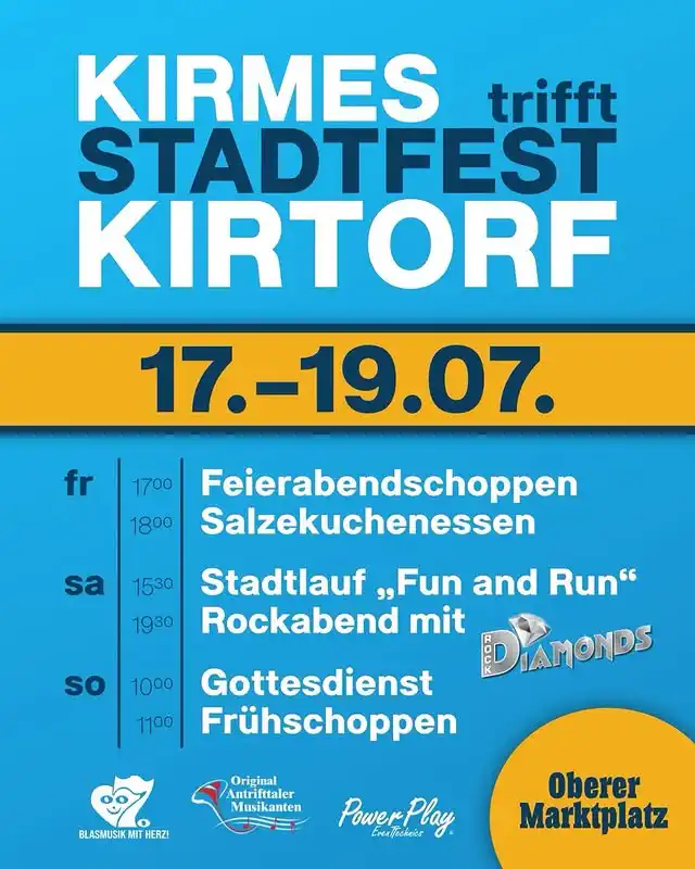 Die Kirmes Kirtorf zählt zu den beliebtesten Sommerveranstaltungen im Gleental und findet 2026 vom 17. bis 19. Juli als Open‑Air‑Event auf dem Oberen Marktplatz statt.