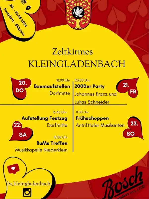 Die Zeltkirmes in Kleingladenbach findet vom 20. bis 23. August 2026 auf dem Festplatz an der Skipiste statt und wird wie jedes Jahr von der Burschenschaft Kleingladenbach organisiert.