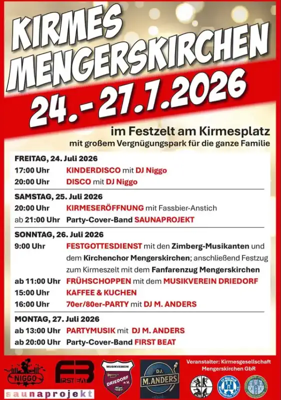 Die Kirmes Mengerskirchen lädt vom 24. bis 27. Juli 2026 wieder zu vier Tagen voller Musik, Tradition, Dorfgemeinschaft und Festzeltstimmung ein.