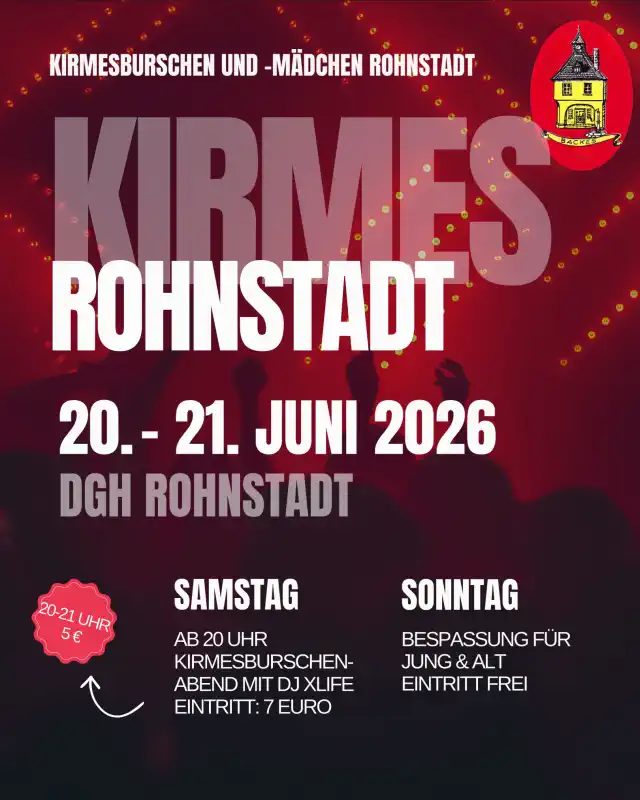 Die Kirmes in Rohnstadt steht vor der Tür – und die Kirmesburschen und ‑mädchen Rohnstadt laden am 20. und 21. Juni 2026 ins DGH Rohnstadt zu einem Wochenende ein, das ganz im Zeichen von Musik, Stimmung und Dorfgemeinschaft steht.