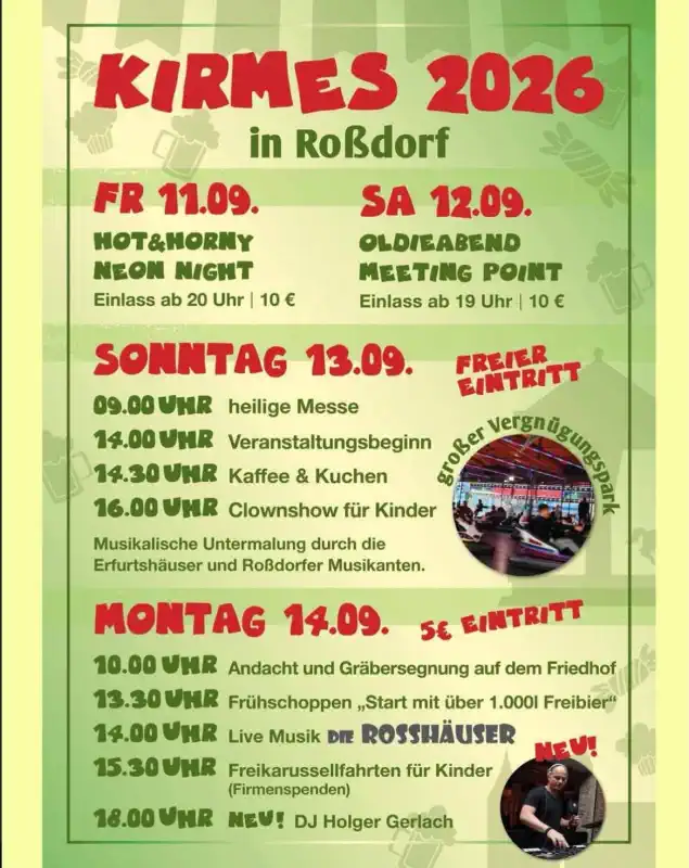 Die Kirmes in Roßdorf findet von Freitag, 11. September, bis Montag, 14. September 2026 statt und bringt vier Tage lang Feststimmung, Musik, Tradition und Dorfgemeinschaft in den Amöneburger Stadtteil.