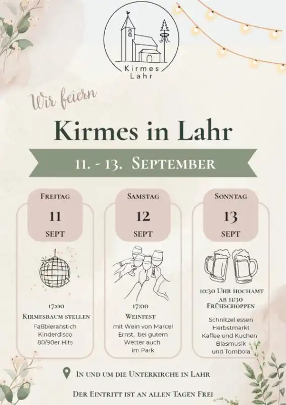 Die Kirmes in Waldbrunn‑Lahr findet vom 11. bis 14. September 2026 in und rund um die Unterkirche statt und bringt vier Tage lang Feststimmung, Musik, Tradition und Dorfgemeinschaft zusammen.