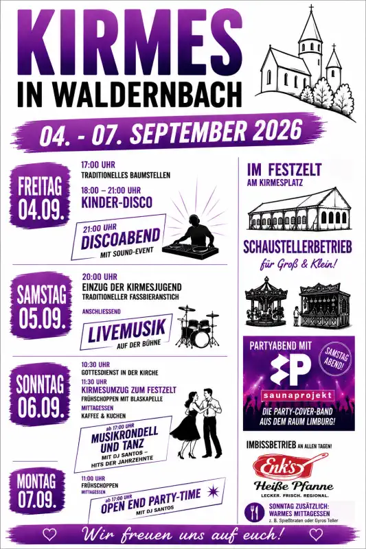 Die Kirmes in Waldernbach findet im Jahr 2026 von Freitag, dem 4. September, bis Montag, dem 7. September statt und bietet ein abwechslungsreiches Programm, das Tradition, Musik und gemeinschaftliches Feiern miteinander verbindet.