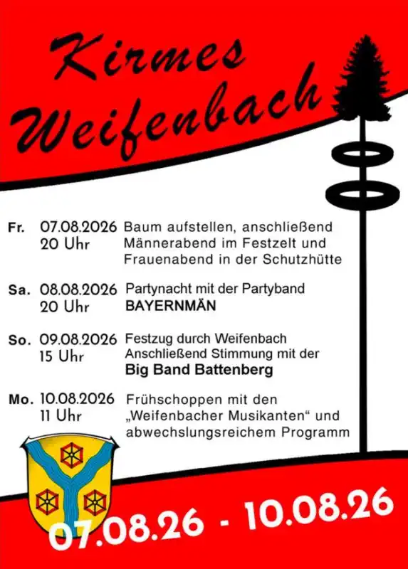 Die Kirmes Weifenbach findet vom 7. bis 10. August 2026 statt und bringt vier Tage lang traditionelle Feststimmung, Musik, Gemeinschaft und Kirmesbrauchtum in den Ort.