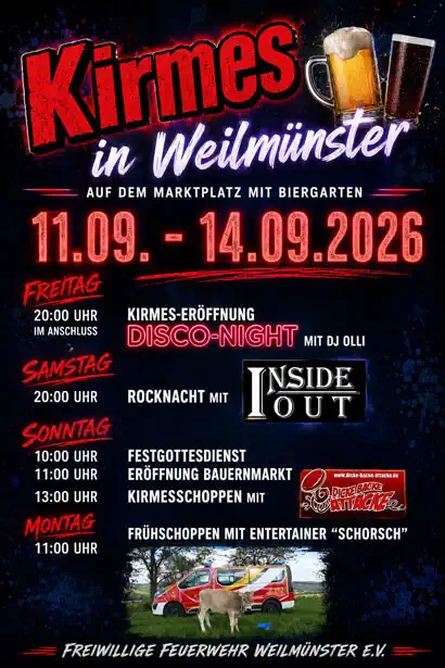 Die Kirmes in Weilmünster findet vom Freitag, 11. September, bis Montag, 14. September 2026 statt und verwandelt den Marktflecken vier Tage lang in ein lebendiges Festareal voller Tradition, Musik, Begegnungen und regionaler Kultur.