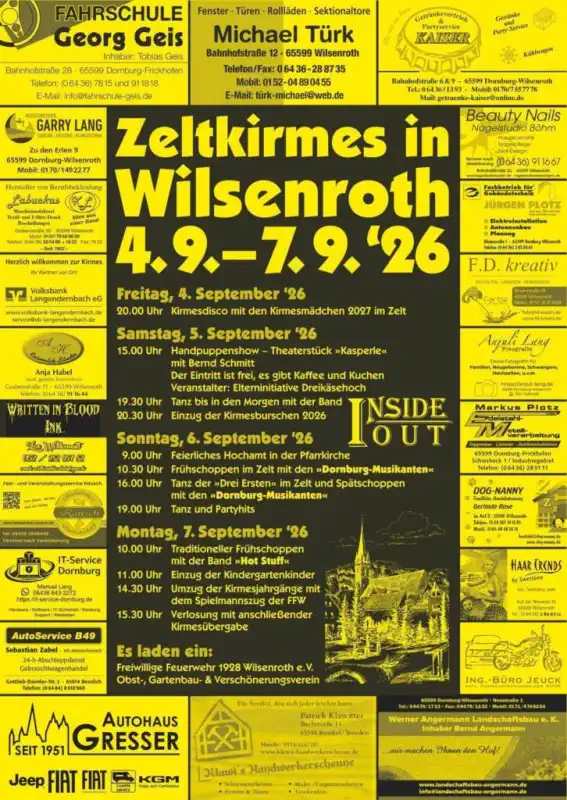Die Kirmes in Wilsenroth findet vom 4. bis 7. September 2026 statt und bringt vier Tage lang traditionelle Feststimmung, Musik und Dorfgemeinschaft in den Westerwaldort.