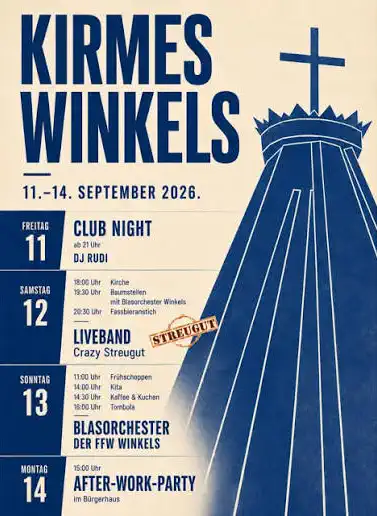 Die Kirmes in Winkels findet vom 11. bis 14. September 2026 am Bürgerhaus Winkels statt und lädt zu einem viertägigen, traditionsreichen Festwochenende mit Musik, Gemeinschaft und echter Dorfkultur ein.