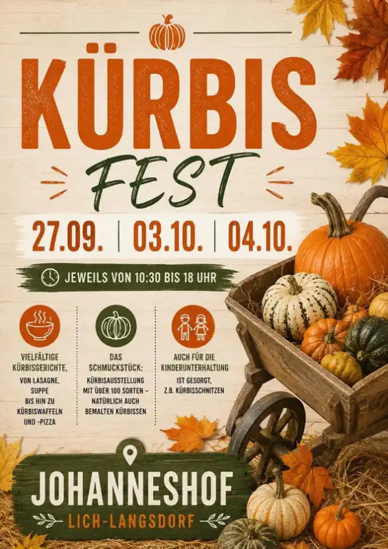 Das Kürbisfest am Johanneshof in Lich‑Langsdorf findet am 27. September, 03. Oktober und 04. Oktober 2026 jeweils von 10:30 bis 18:00 Uhr statt und zählt zu den beliebtesten Herbstveranstaltungen in der Region.