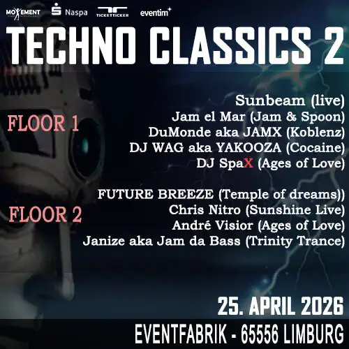 Am Samstag, 25. April 2026, kehrt in der EventFabrik Limburg das Gefühl der frühen Rave‑Ära zurück