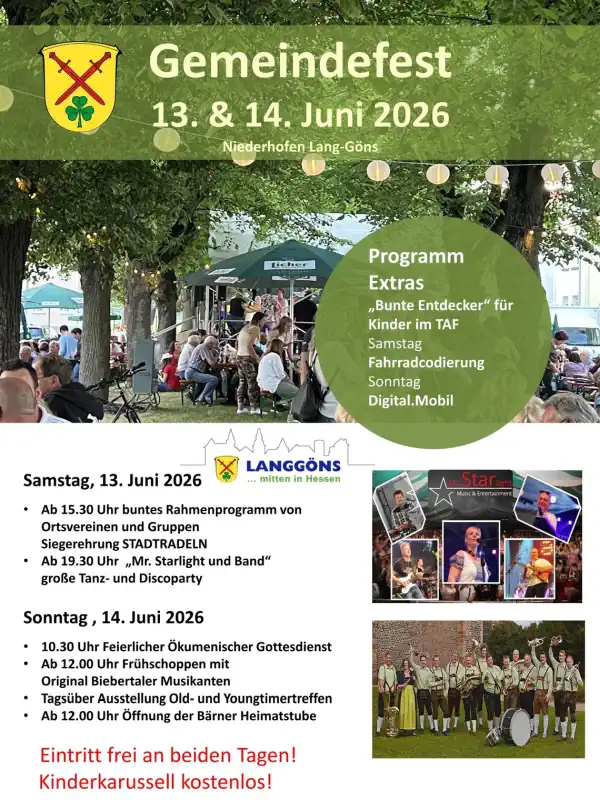 Das Langgönser Gemeindefest lädt auch in diesem Jahr wieder zu einem sommerlichen Wochenende voller Musik, Begegnungen und Tradition ein.