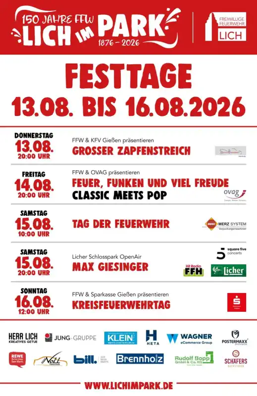 Das Lich im Park 2026 wird vom 13. bis 16. August 2026 im Licher Schlosspark gefeiert und markiert ein besonderes Jubiläum: 80 Jahre Kreisfeuerwehrverband Gießen sowie 150 Jahre Freiwillige Feuerwehr Lich.