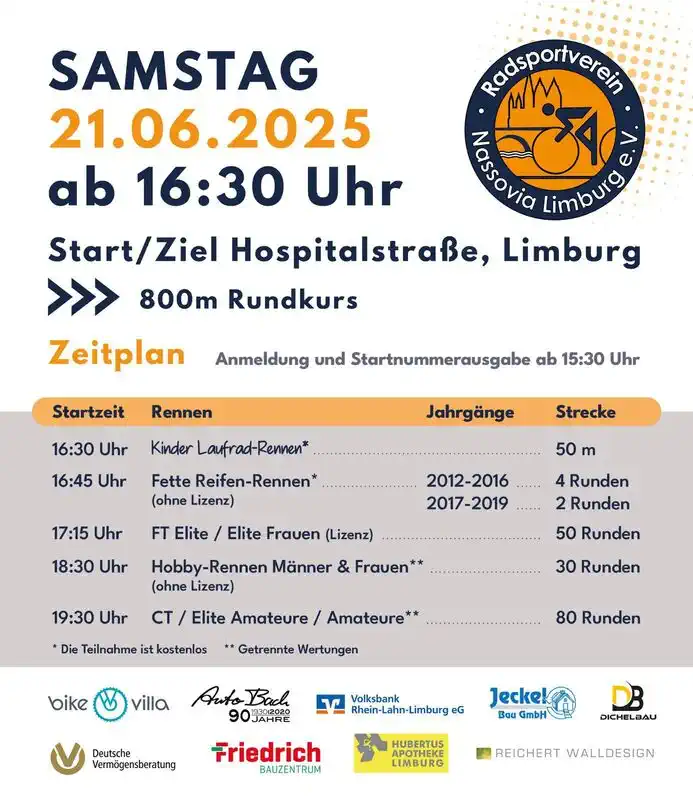 Wenn in Limburg der längste Tag des Jahres anbricht, gehört die Innenstadt traditionell den Rennrädern: Das Limburger City‑Rennen geht 2025 in seine 33. Auflage und bringt am 21. Juni 2026 wieder Tempo, Spannung und echtes Radsportfieber in die Gassen der Altstadt.