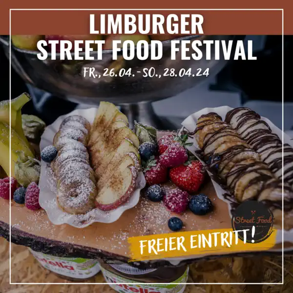 Das Limburger Street Food Festival 2026 verwandelt vom 24. bis 26. April den Marktplatz, die Ste.-Foy-Straße und den Festplatz erneut in eine große Genussmeile.