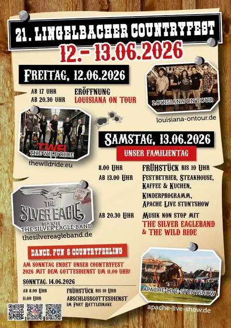 Das Lingelbacher Countryfest lädt vom 12. bis 13. Juni 2026 zu einem Wochenende voller Western‑Flair, Musik, Action und geselligem Festbetrieb ein.