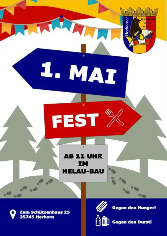 Der Herborner‑Karneval‑Verein 2010 e. V. lädt am 1. Mai ab 11:00 Uhr herzlich zum traditionellen Maifest im Helau‑Bau ein.