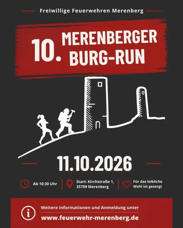 Der 10. Merenberger Burg‑Run findet am Sonntag, den 11. Oktober 2026, von 10:30 Uhr bis 18:00 Uhr in Merenberg statt.