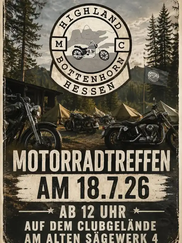 Am Samstag, den 18. Juli 2026, lädt der MC Highland Bottenhorn zum traditionellen Motorradtreffen am Clubheim in Bottenhorn ein.