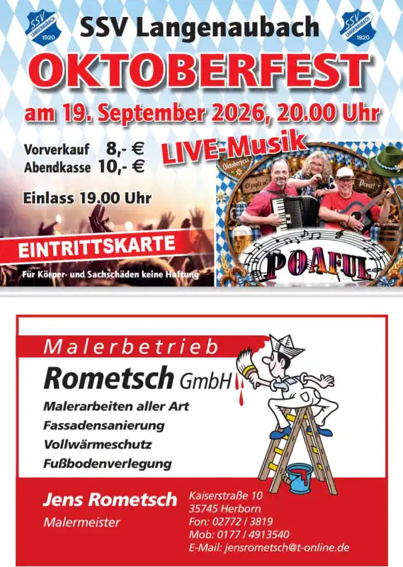 Der SSV Langenaubach lädt am Samstag, den 19. September 2026, wieder herzlich zum traditionellen Oktoberfest ein und knüpft damit an eine der beliebtesten Veranstaltungen im Ort an.