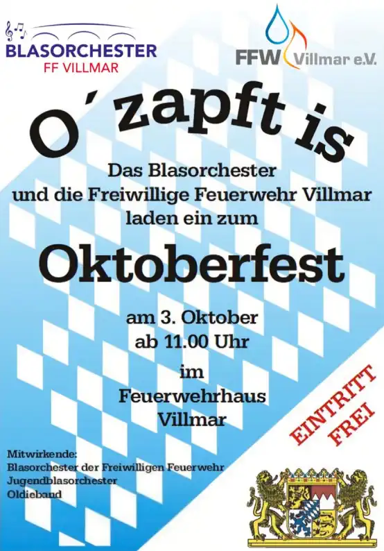 Am 03. Oktober 2026 laden das Villmarer Blasorchester und die Freiwillige Feuerwehr Villmar wieder zu ihrem traditionellen Oktoberfest ein.