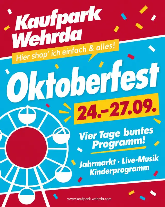 Vier Tage lang steht der Kaufpark Wehrda ganz im Zeichen des Oktoberfests: Vom 24. bis 27. September 2026 wird in Marburg‑Wehrda gefeiert – mit Jahrmarkt, Live‑Musik, Kinderprogramm und vielen Momenten, die sich ideal für einen gemeinsamen Ausflug mit Familie und Freunden eignen.
