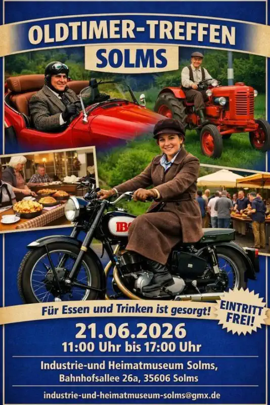Am Sonntag, 21. Juni 2026, wird das Gelände des Industrie‑ und Heimatmuseums Solms erneut zum lebendigen Treffpunkt für alle, die historische Fahrzeuge lieben und Freude an alten Maschinen haben.