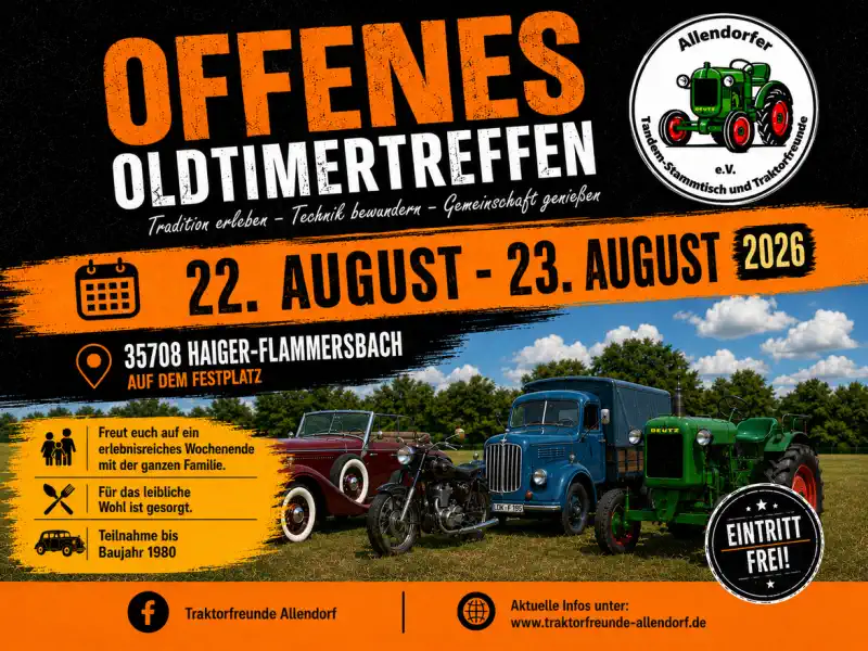 Das Offene Oldtimertreffen in Haiger‑Flammersbach findet am Samstag und Sonntag, 22. und 23. August 2026, auf dem Festplatz in 35708 Haiger‑Flammersbach statt und lädt zu einem Wochenende voller historischer Technik, lebendiger Gemeinschaft und echter Oldtimer‑Leidenschaft ein.