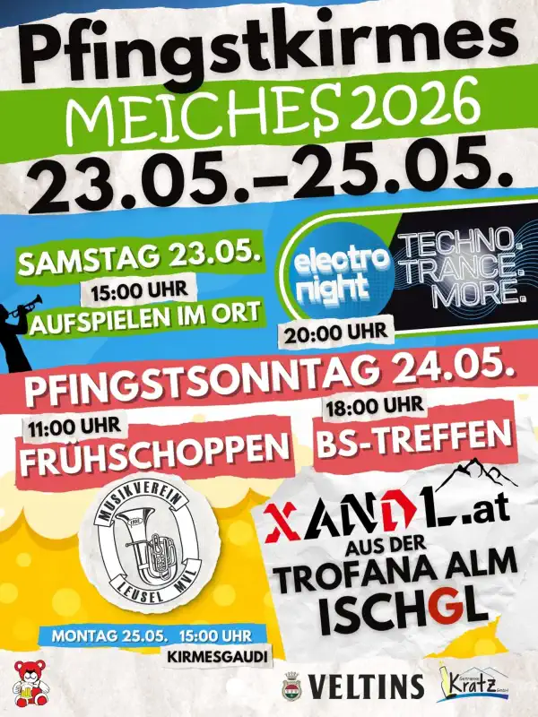 Vom 23. bis 25. Mai 2026 feiern die Kirmesburschen Meiches wieder ihre Pfingstkirmes – drei Tage voller Musik, Stimmung und Dorfleben, wie man es in Meiches kennt und liebt.