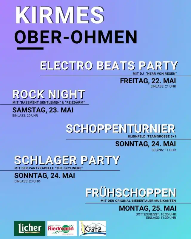 Vom 22. bis 25. Mai 2026 lädt Ober‑Ohmen zur traditionellen Pfingstkirmes ein – ein langes Wochenende, das im ganzen Ort für Musik, Begegnungen und ausgelassene Stimmung sorgt.