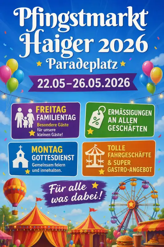 Am Dienstag, 26. Mai 2026, lädt die Stadt Haiger wieder zum traditionellen Pfingstmarkt ein – dem ersten großen Jahrmarkt des Jahres, der wie immer am Dienstag nach Pfingsten stattfindet.
