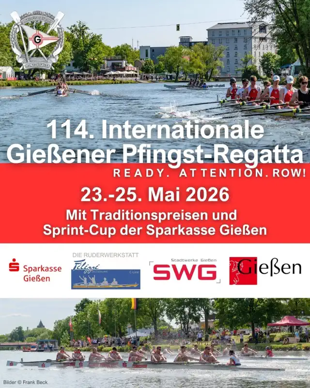 Vom 23. bis 25. Mai 2026 findet auf der gestauten Lahn in Gießen die 114. Gießener Pfingst‑Regatta statt.