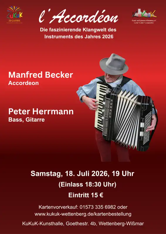 Am 18. Juli 2026 um 19 Uhr öffnet sich der musikalische Raum für ein besonderes Konzert: „l’Accordéon“, ein Abend, der die faszinierende Klangwelt des Akkordeons in all ihren Facetten erlebbar macht.