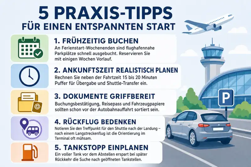 : Praxis-Tipps für einen entspannten Start - Frühzeitig buchen: An Ferienstart-Wochenenden sind flughafennahe Parkplätze selten