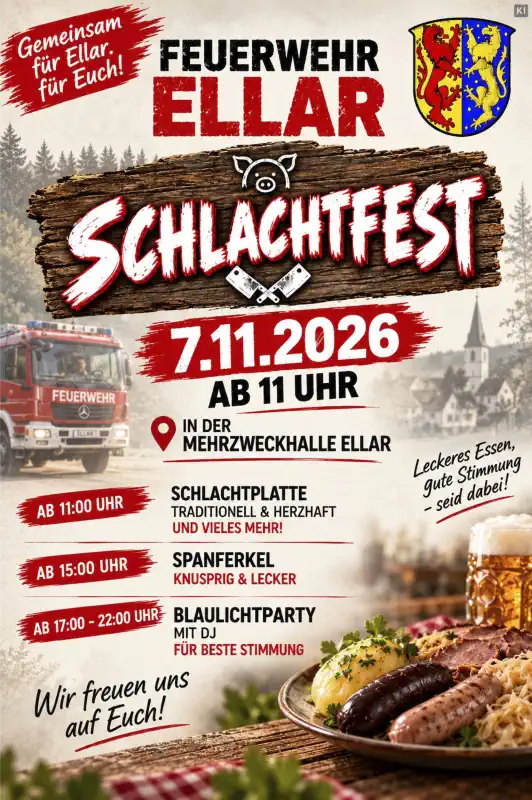 Das 38. Schlachtfest der Freiwilligen Feuerwehr Ellar findet am Samstag, den 7. November 2026, ab 11:00 Uhr in der Mehrzweckhalle Ellar statt.