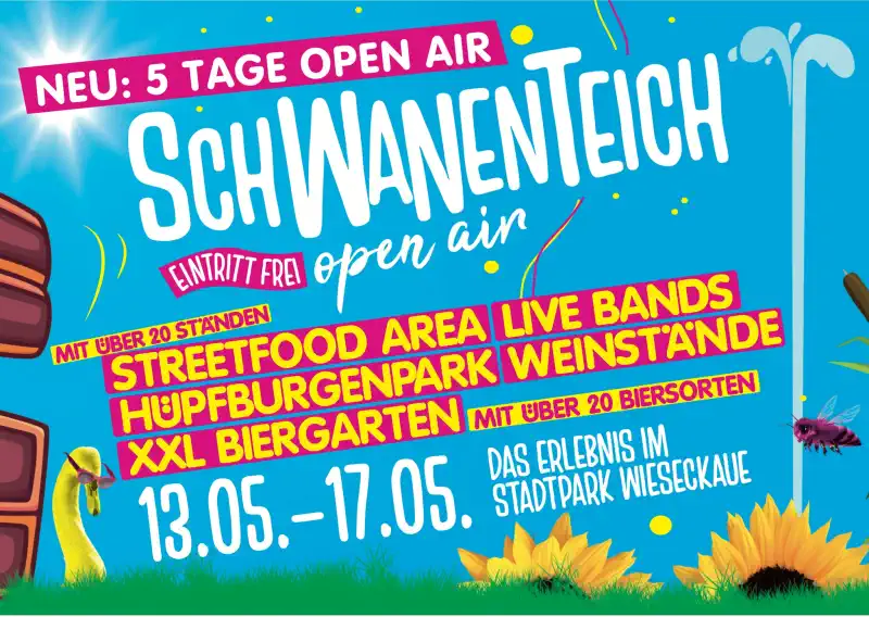 Vom 13. bis 17. Mai 2026 verwandelt sich die Wieseckaue erneut in Gießens schönste Open‑Air‑Kulisse: Das Schwanenteich Open Air geht in seine fünfte Runde