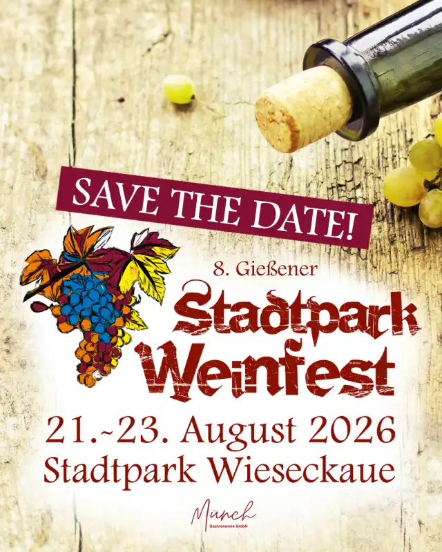Das Gießener Weinfest kehrt zurück und verwandelt den Stadtpark Wieseckaue vom 21. bis 23. August 2026 erneut in ein sommerliches Genussareal für Weinfreunde.