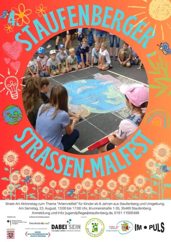 Das Staufenberger Straßen‑Malfest findet am Samstag, den 22. August 2026, ab 13:00 Uhr in der Brunnenstraße (Höhe Hausnummer 1) in Staufenberg‑Mainzlar statt.