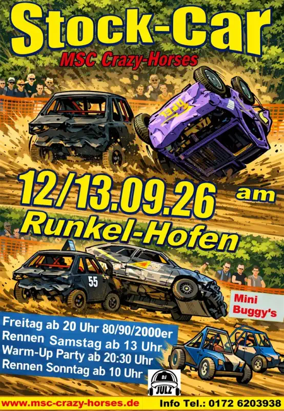 Das Stock‑Car‑Rennen in Runkel‑Hofen findet am 12. und 13. September 2026 statt und verwandelt das Gelände erneut in eine Bühne für Motorenlärm, Adrenalin und packende Wettkämpfe.