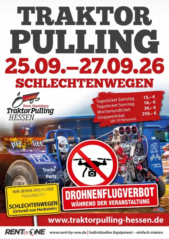Am 26. und 27. September 2026 wird Herbstein‑Schlechtenwegen erneut zur Pulling‑City, wenn das Traktor‑Pulling Team Vogelsberg e. V. zu einem Wochenende voller Adrenalin, Motorenpower und ländlicher Festatmosphäre einlädt.