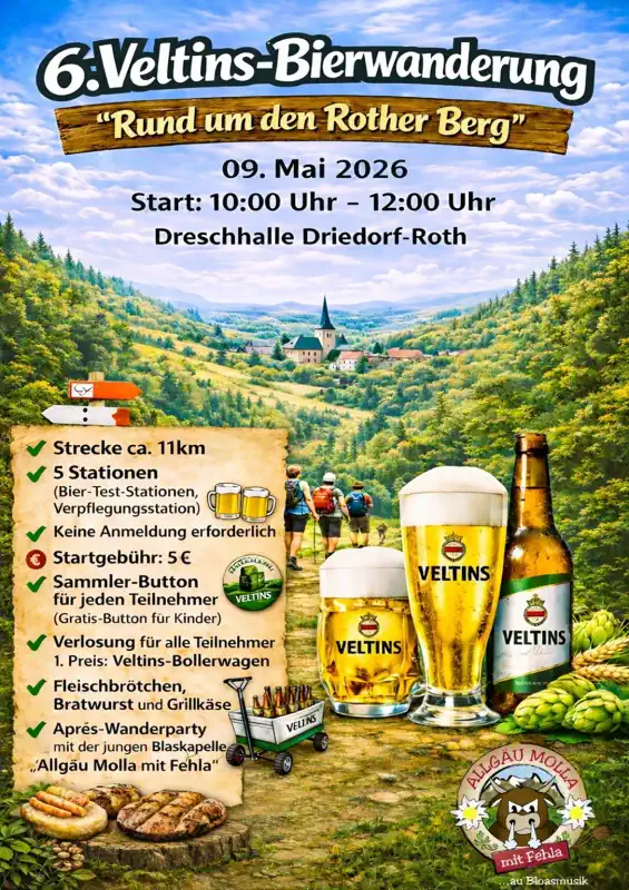 Bierwanderung in Roth – wandern, genießen und feiern! Am 09. Mai 2026 heißt es wieder: Raus in die Natur, rein ins Vergnügen!