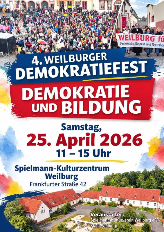 Das 4. Weilburger Demokratiefest lädt am Samstag, 25. April 2026, von 11 bis 15 Uhr in das Spielmann‑Kulturzentrum ein und stellt in diesem Jahr die Bedeutung von Bildung für eine lebendige Demokratie in den Mittelpunkt.