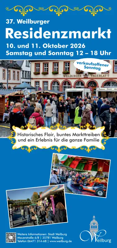 Der 37. Barocke Residenzmarkt in Weilburg findet am Samstag, den 10. Oktober 2026, und Sonntag, den 11. Oktober 2026, jeweils von 12 bis 18 Uhr auf dem Marktplatz, dem König‑Konrad‑Platz sowie in der gesamten Weilburger Innenstadt statt.