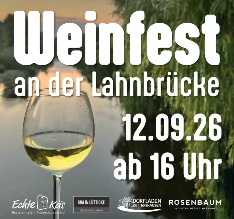Das nächste Weinfest an der historischen Lahnbrücke in Lollar‑Ruttershausen findet am Freitag, den 12. September 2026, ab 16:00 Uhr statt und verwandelt die restaurierte Brücke erneut in einen stimmungsvollen Treffpunkt für Weinliebhaber und Gäste aus der Region.