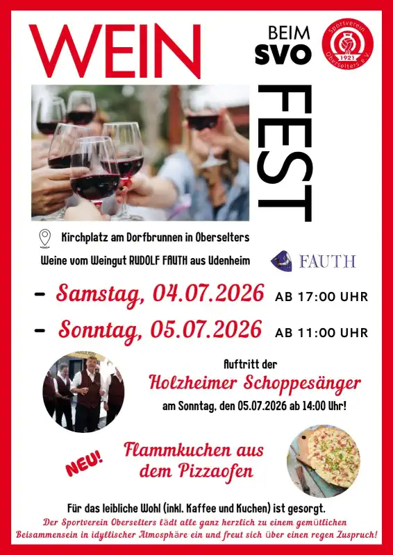 Der Sportverein Oberselters lädt am 4. und 5. Juli 2026 erneut zum beliebten Weinfest Oberselters ein und verwandelt den Kirchplatz in einen stimmungsvollen Treffpunkt für Genießer, Familien und Freunde.