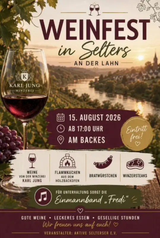 Das Weinfest in Selters an der Lahn findet am Samstag, den 15. August 2026, ab 17:00 Uhr am Backes / Dorfgemeinschaftshaus (DGH) statt und lädt zu einem geselligen Sommerabend im Herzen von Selters ein.