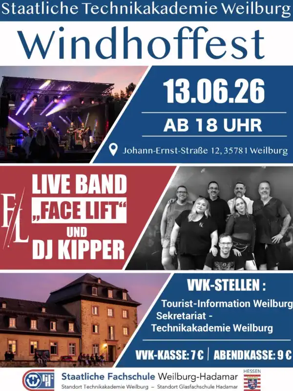 Das Windhoffest Weilburg steht vor der Tür – und der Studierendenrat der Staatlichen Technikakademie Weilburg lädt am 13. Juni 2026 ab 18 Uhr zu einer Sommerparty ein