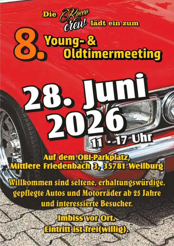 Das Young‑ & Oldtimermeeting Weilburg geht am Sonntag, den 28. Juni 2026, in seine achte Runde – und die Rocco Crew lädt erneut zu einem Tag ein, der glänzenden Lack, automobile Leidenschaft und entspannte Sommeratmosphäre miteinander verbindet.