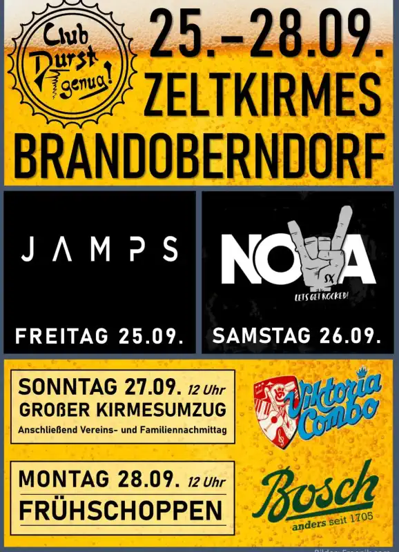 Die Zeltkirmes in Brandoberndorf findet im Jahr 2026 vom 26. bis 29. September statt und bringt vier Tage lang Feststimmung, Musik und Dorfgemeinschaft auf den Festplatz.