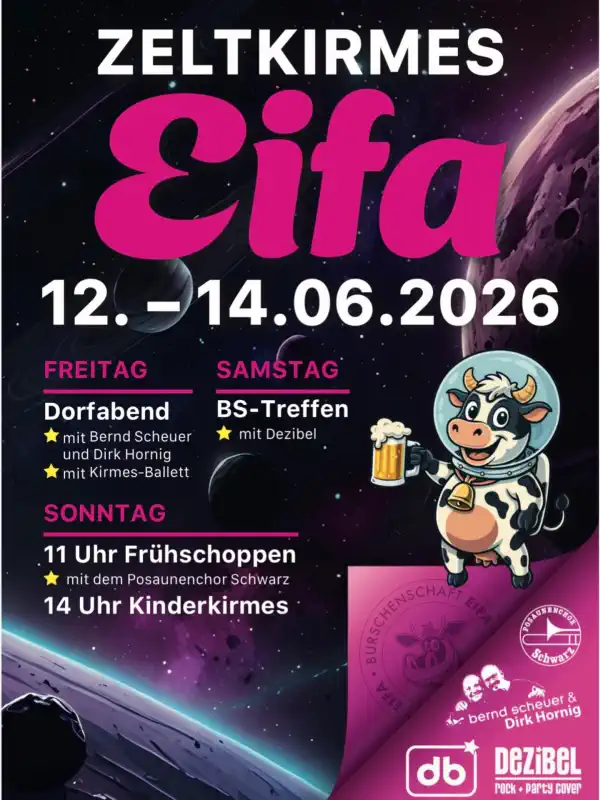 Vom 12. bis 14. Juni 2026 verwandelt sich der Festplatz in Eifa wieder in ein pulsierendes Kirmes‑Universum.